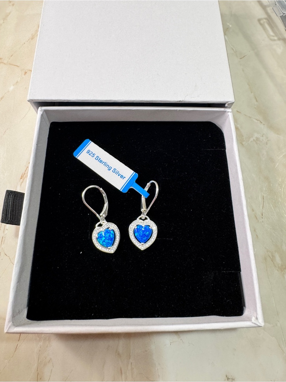 Blue Opal 925 Sterling Silver Heart Drop Earrings with Blue Opal Inlay - Picture 5 of 12